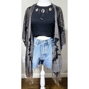 David & Young Sheer Black Boho Paisley Fringe Wrap Shawl Kimono Duster One Size